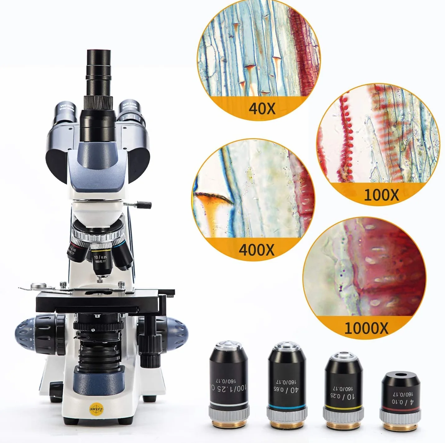 SWIFT SW380T 40X-2500X, trójokularowy mikroskop laboratoryjny z podwójną warstwą mechaniczną, głowica Siedentopf, okulary szerokokątne 10X/25X
