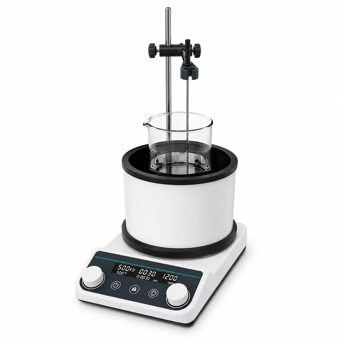 Cyfrowe mieszadło magnetyczne z timerem, ogrzewanie do 100°C, kąpiel olejowa 250°C, prędkość mieszania 50-1500 obr./min, timer 1 min do 12 h do użytku laboratoryjnego