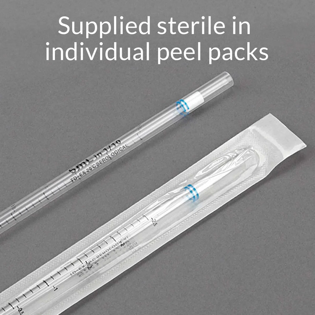 Globe Scientific UniPlast 1740 pipety serologiczne, styropianowe pipety ze standardową końcówką 296 mm, sterylne niebieskie paski, 5 ml, 250 szt