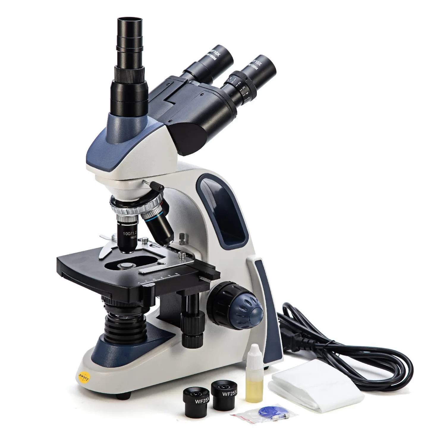 SWIFT SW380T 40X-2500X, trójokularowy mikroskop laboratoryjny z podwójną warstwą mechaniczną, głowica Siedentopf, okulary szerokokątne 10X/25X