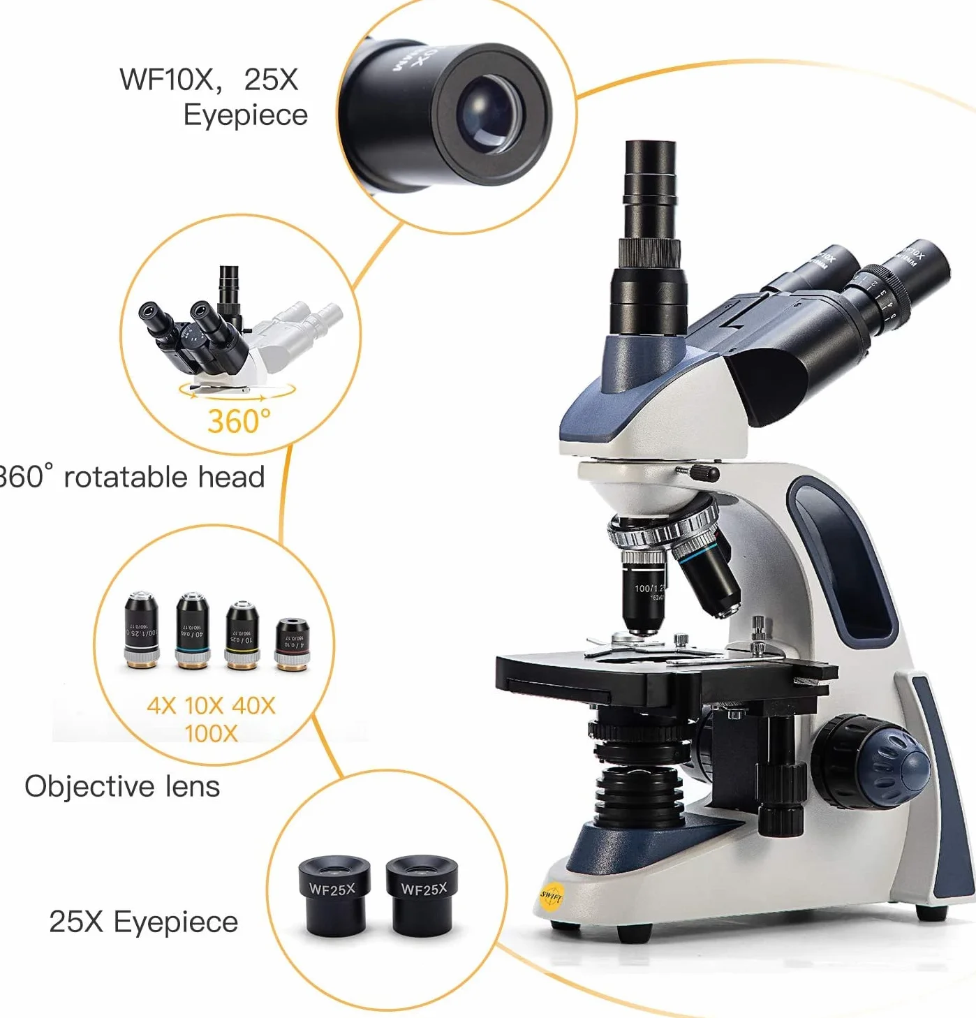 SWIFT SW380T 40X-2500X, trójokularowy mikroskop laboratoryjny z podwójną warstwą mechaniczną, głowica Siedentopf, okulary szerokokątne 10X/25X
